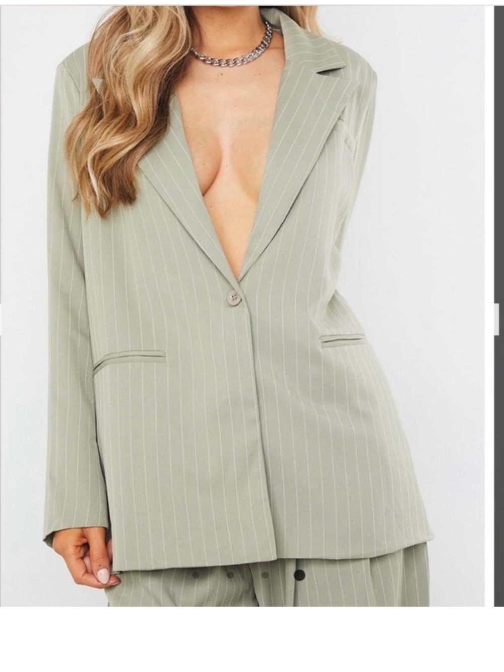 PrettyLittleThing Sage Green Pinstripe Single-Button Blazer